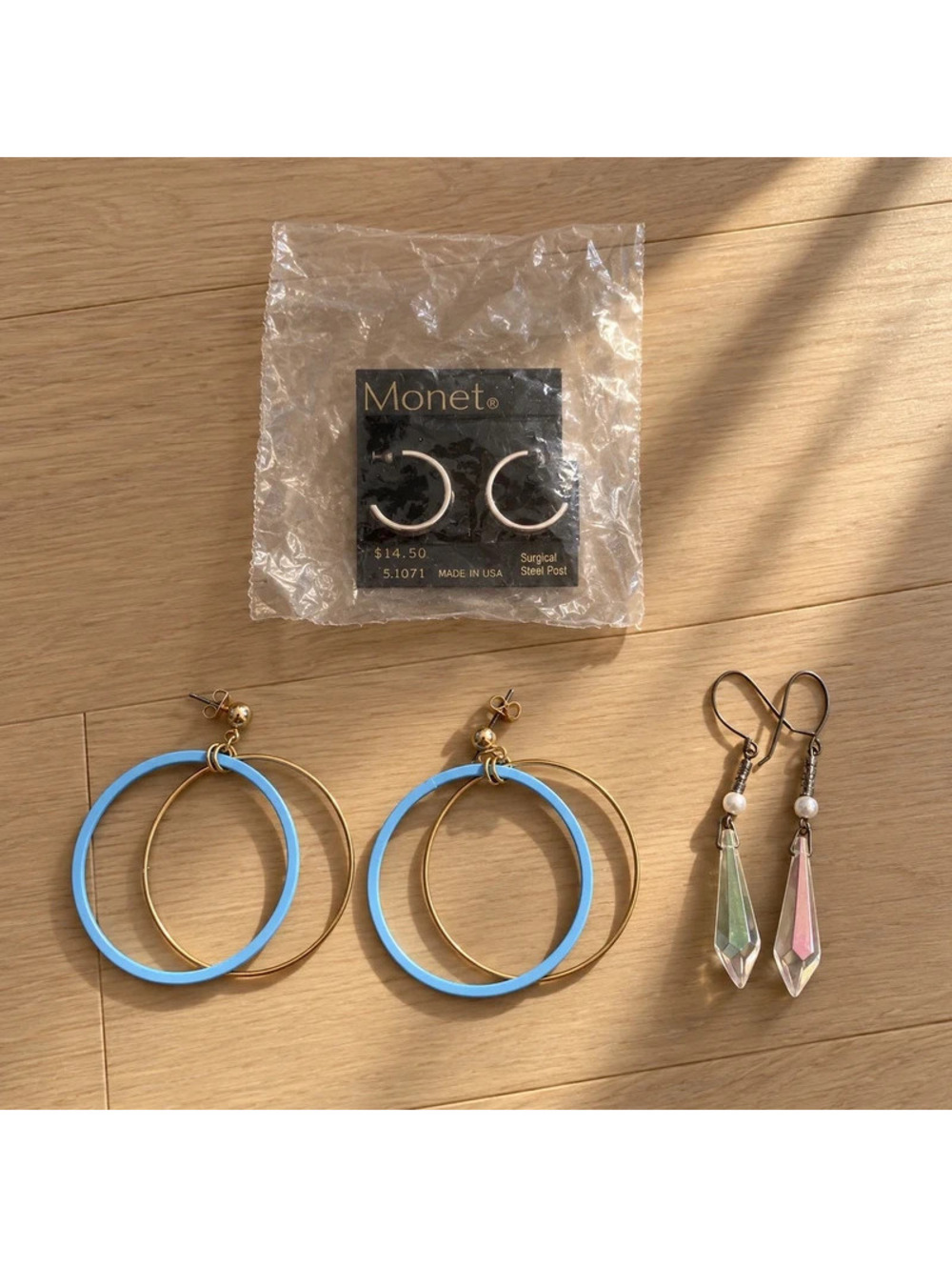 Vintage Monet Hoop Earrings + 2 Pairs Crystal Dangle Blue Gold Lot